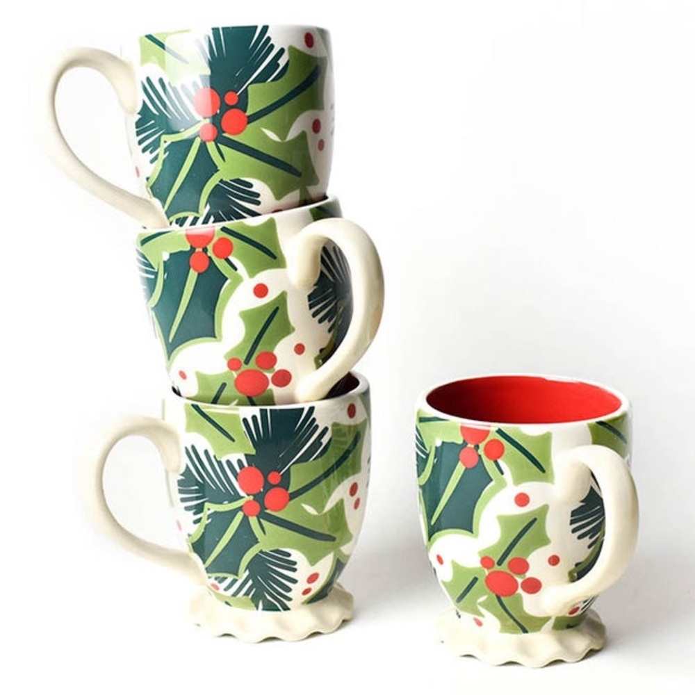 NWT COTON COLORS Balsam & Berry Holly Ruffle Coffee/Tea Mug/Cup Holiday 4pc set